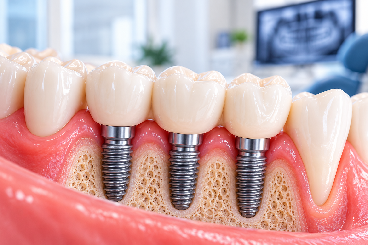 Implant-supported three-unit dental bridge in cross-section