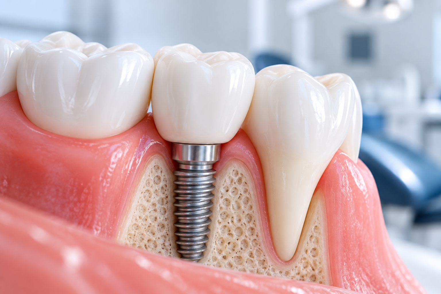 Single titanium dental implant with porcelain crown
