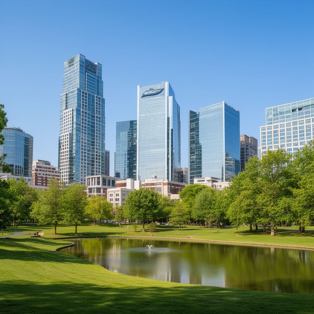 Arlington, Virginia skyline with modern high-rise buildings and a park