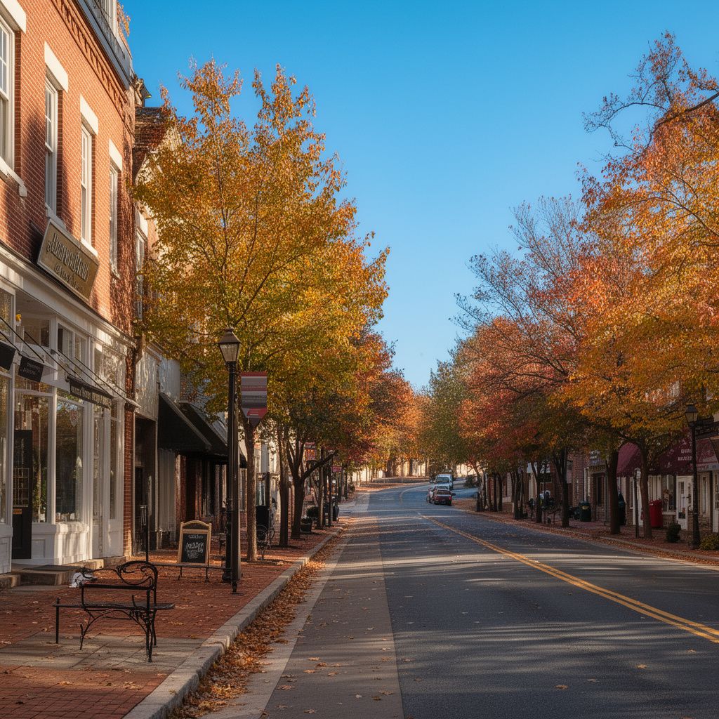 Tree-lined downtown street in Herndon, Virginia